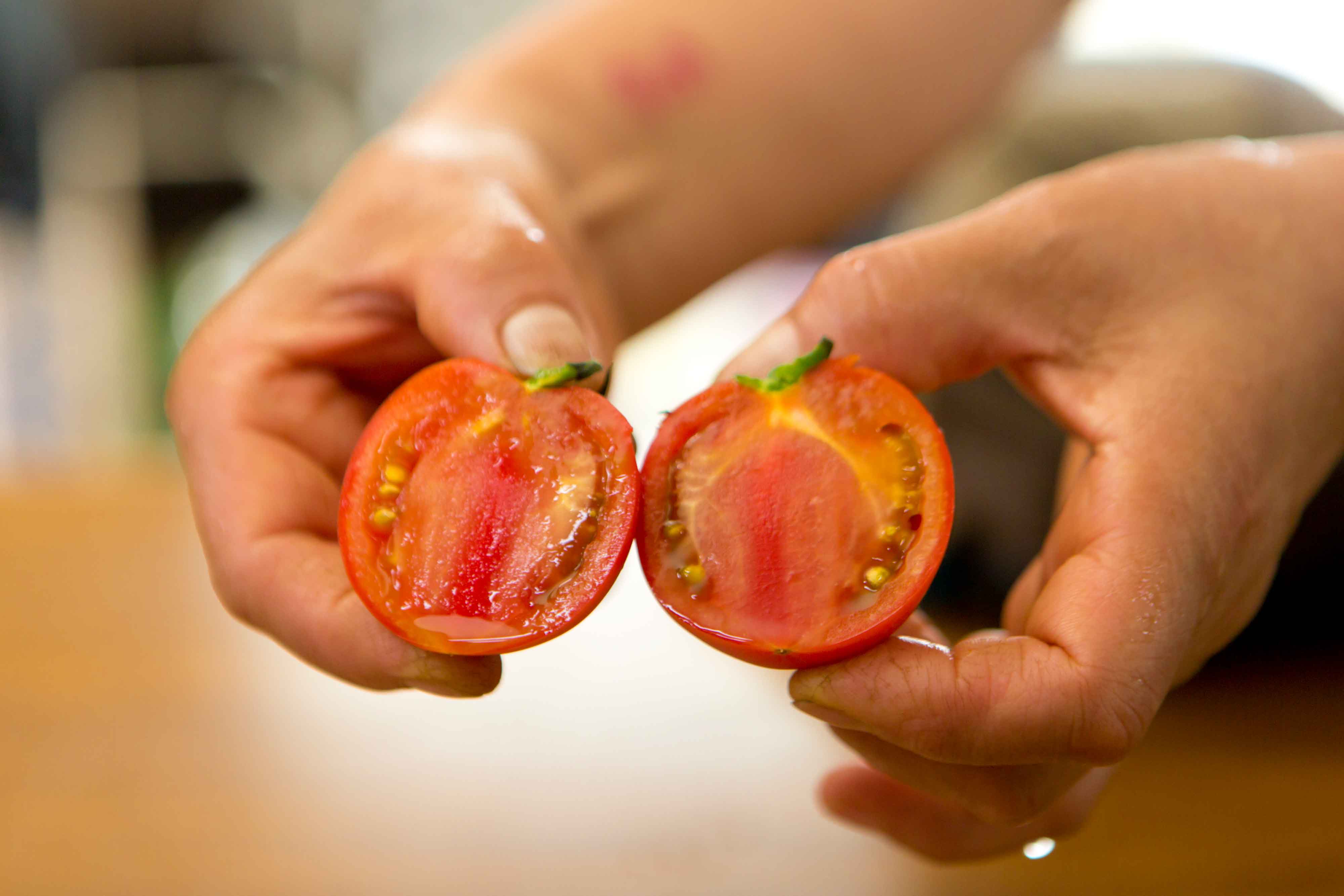 山形県アンテナショップおいしい山形　素材を訪ねて｜米沢トマト：
                    トマトのイメージを覆すほど肉厚な断面。